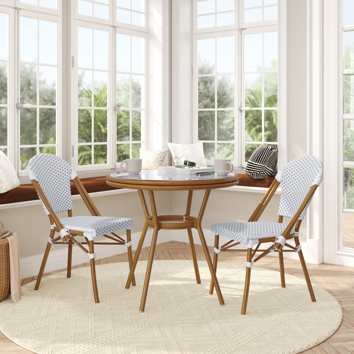 Lourdes Indoor/Outdoor Commercial Bistro 31.5" Table, White and Gray PE Rattan, Glass Top with 2 Stack Chairs - Natural Frame White & Gray Rattan/Natural Frame
