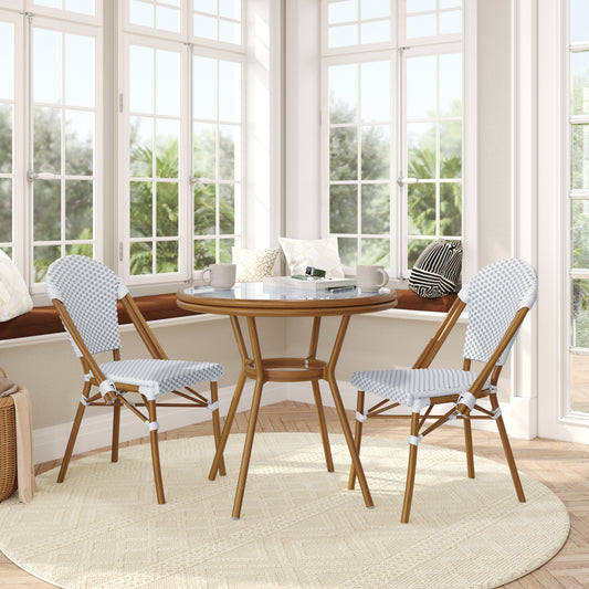 Lourdes Indoor/Outdoor Commercial Bistro 31.5" Table, White and Gray PE Rattan, Glass Top with 2 Stack Chairs - Natural Frame White & Gray Rattan/Natural Frame