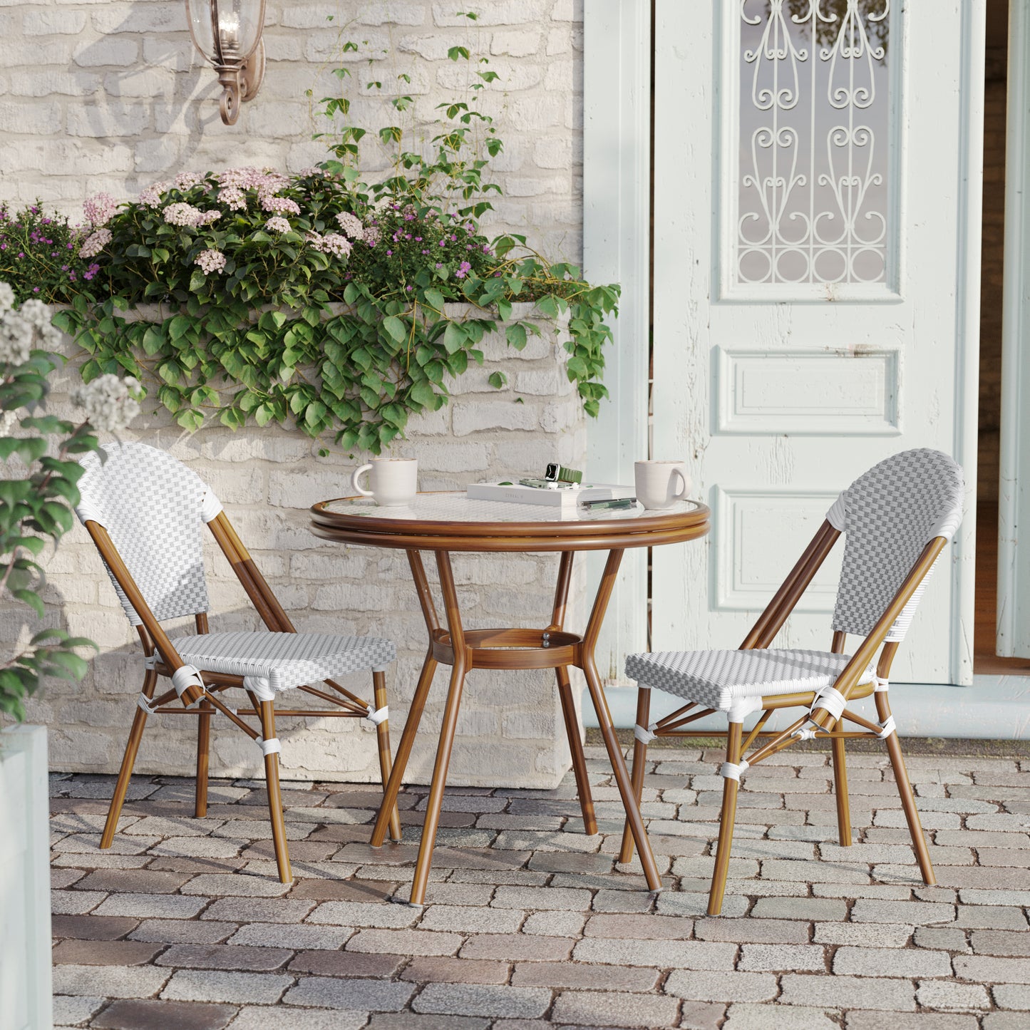 Lourdes Indoor/Outdoor Commercial Bistro 31.5" Table, White and Gray PE Rattan, Glass Top with 2 Stack Chairs - Natural Frame White & Gray Rattan/Natural Frame