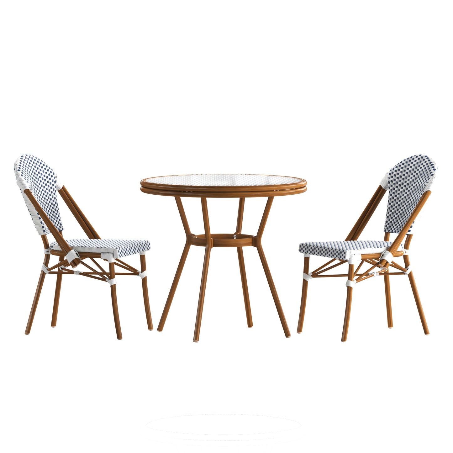 Lourdes Indoor/Outdoor Commercial Bistro 31.5" Table, White and Navy PE Rattan, Glass Top with 2 Stack Chairs - Natural Frame White & Navy Rattan/Natural Frame