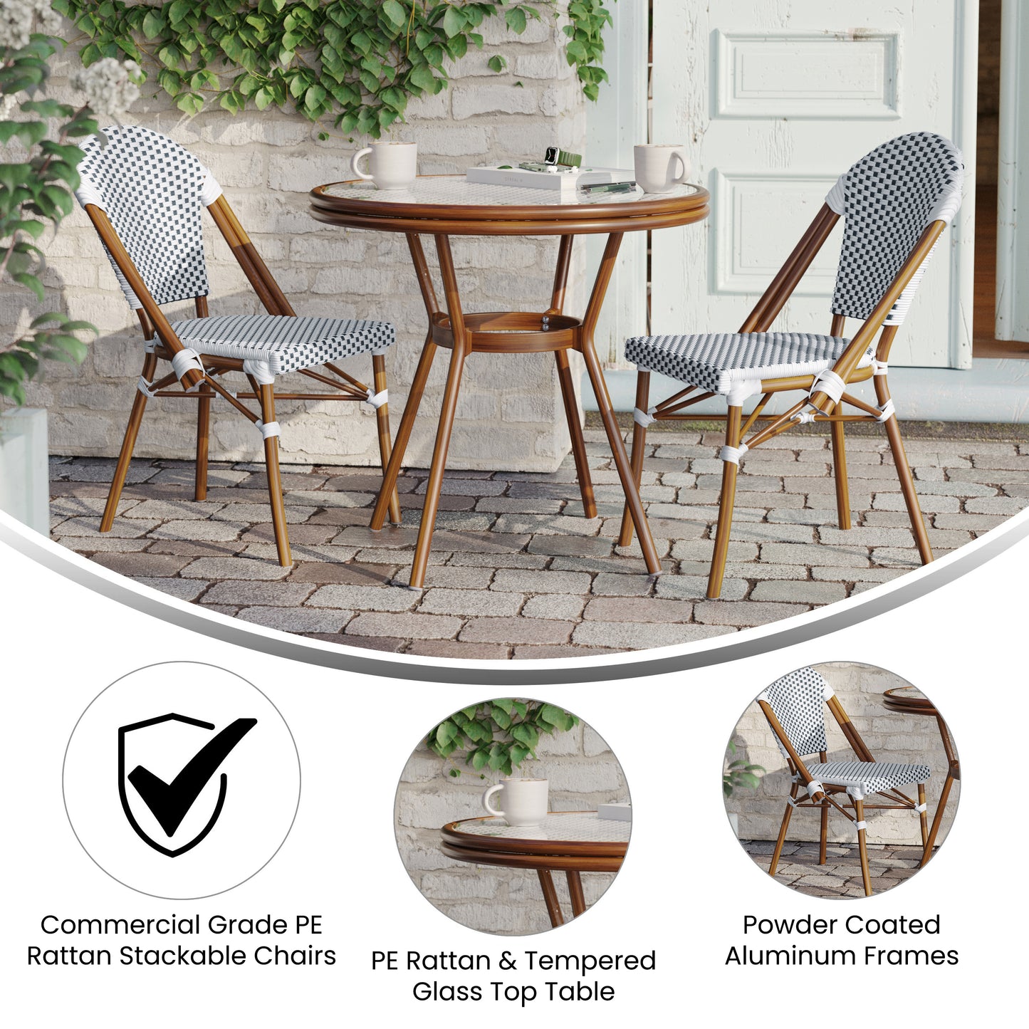 Lourdes Indoor/Outdoor Commercial Bistro 31.5" Table, White and Navy PE Rattan, Glass Top with 2 Stack Chairs - Natural Frame White & Navy Rattan/Natural Frame