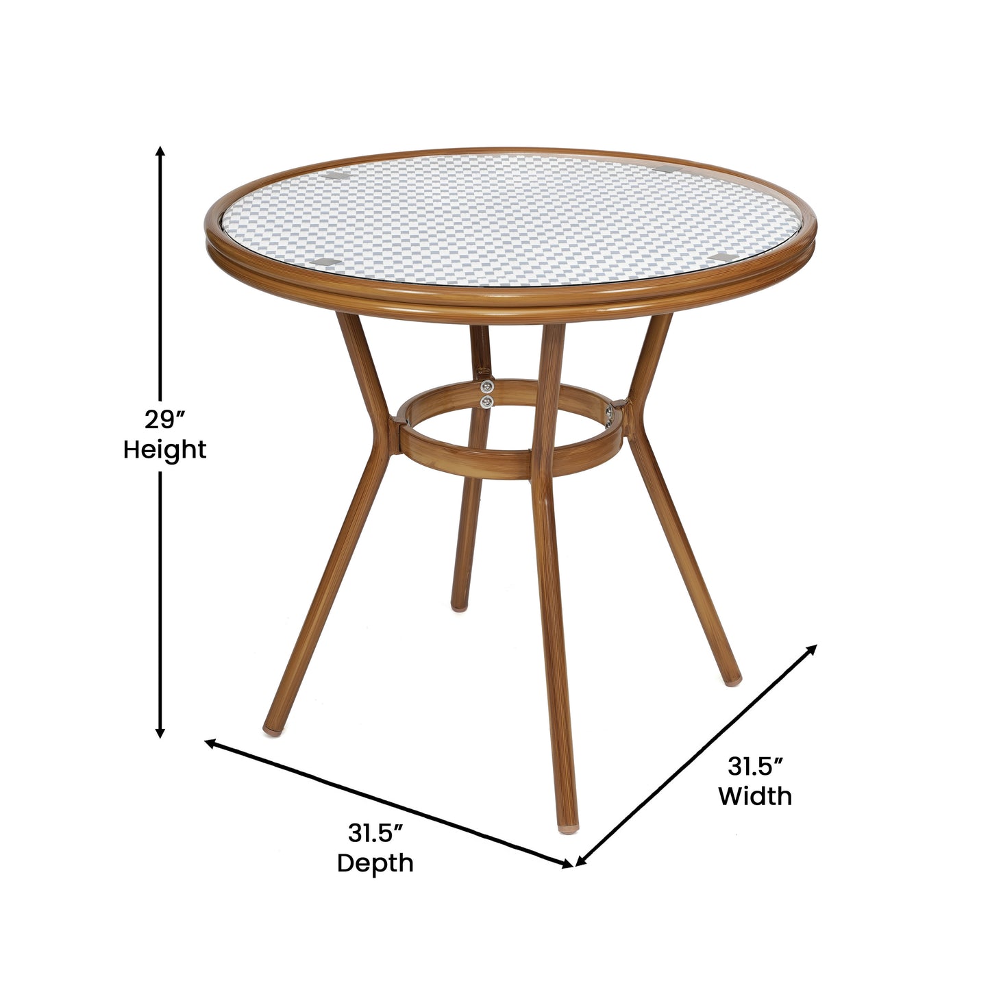Lourdes Indoor/Outdoor Commercial Bistro 31.5" Table, White and Navy PE Rattan, Glass Top with 2 Stack Chairs - Natural Frame White & Navy Rattan/Natural Frame