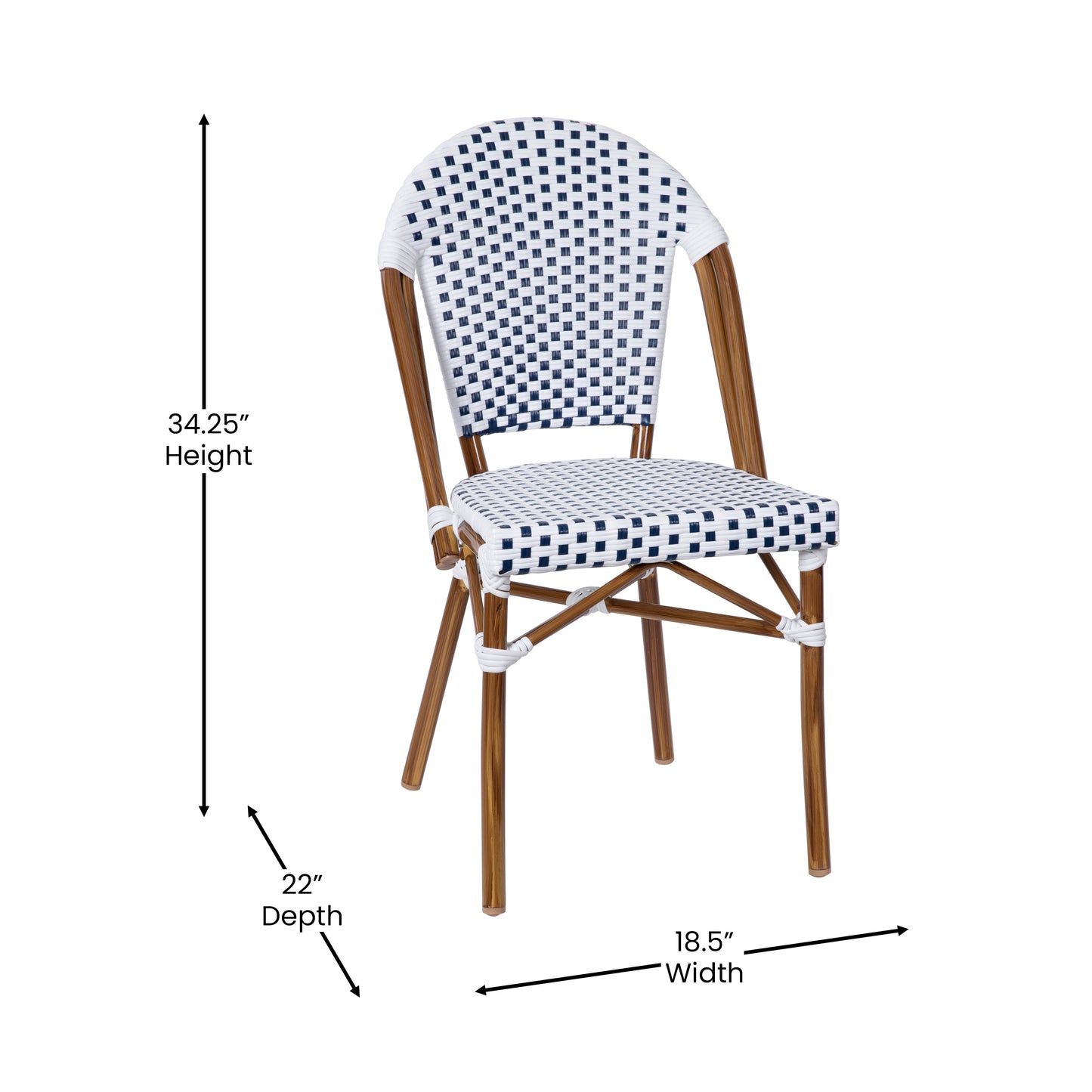 Lourdes Indoor/Outdoor Commercial Bistro 31.5" Table, White and Navy PE Rattan, Glass Top with 2 Stack Chairs - Natural Frame White & Navy Rattan/Natural Frame
