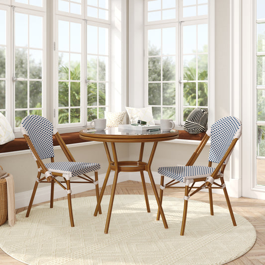 Lourdes Indoor/Outdoor Commercial Bistro 31.5" Table, White and Navy PE Rattan, Glass Top with 2 Stack Chairs - Natural Frame White & Navy Rattan/Natural Frame