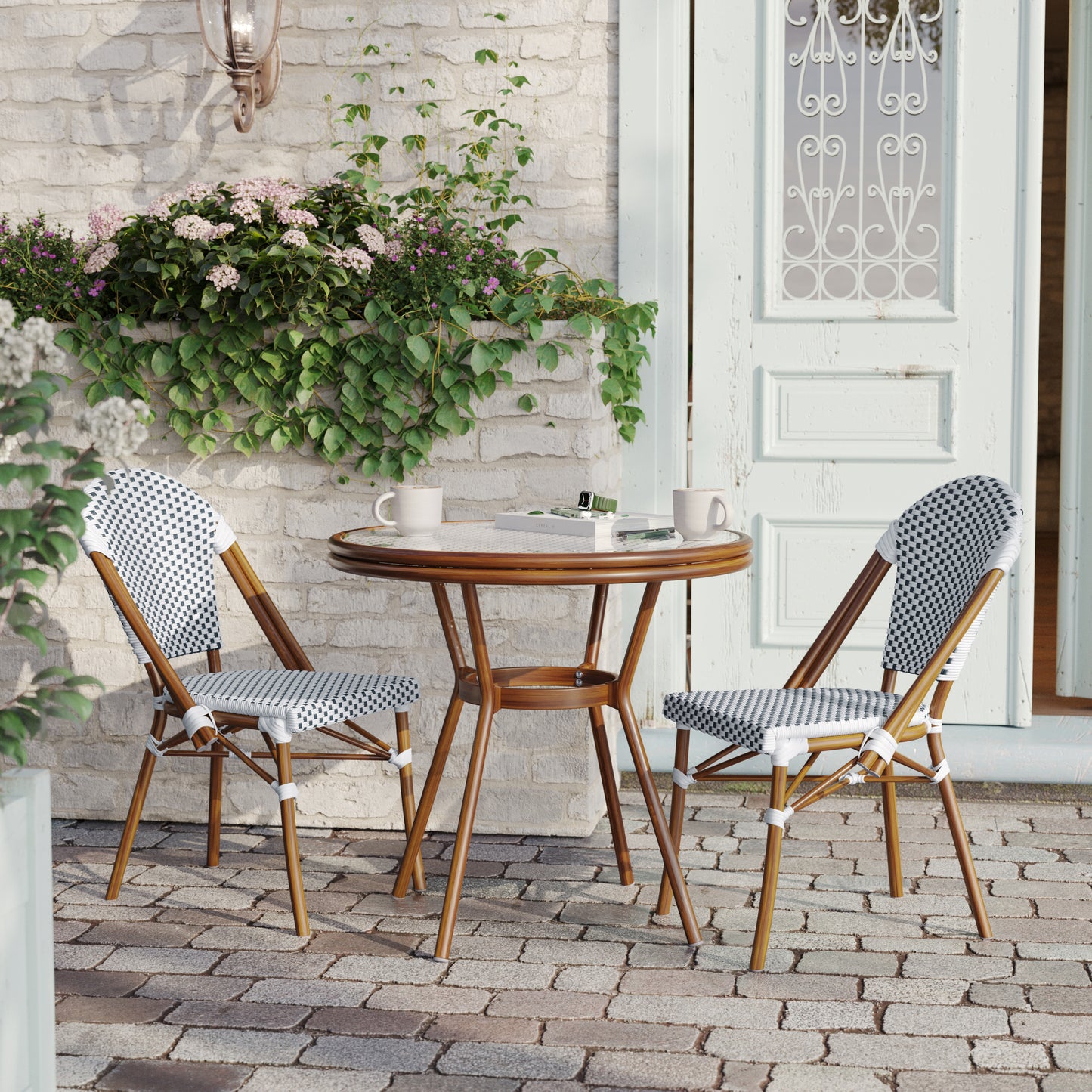 Lourdes Indoor/Outdoor Commercial Bistro 31.5" Table, White and Navy PE Rattan, Glass Top with 2 Stack Chairs - Natural Frame White & Navy Rattan/Natural Frame