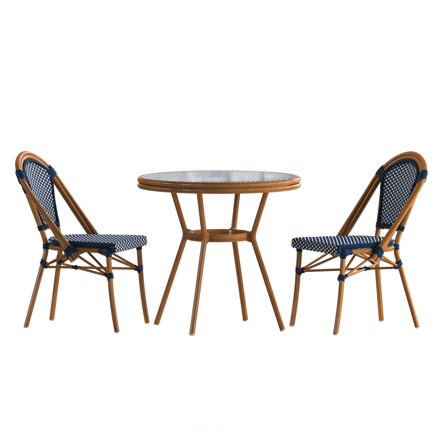 Bordeaux Indoor/Outdoor Commercial Bistro 31.5" Table, Navy and White PE Rattan, Glass Top with 2 Stack Chairs - Natural Frame Navy & White Rattan/Natural Frame