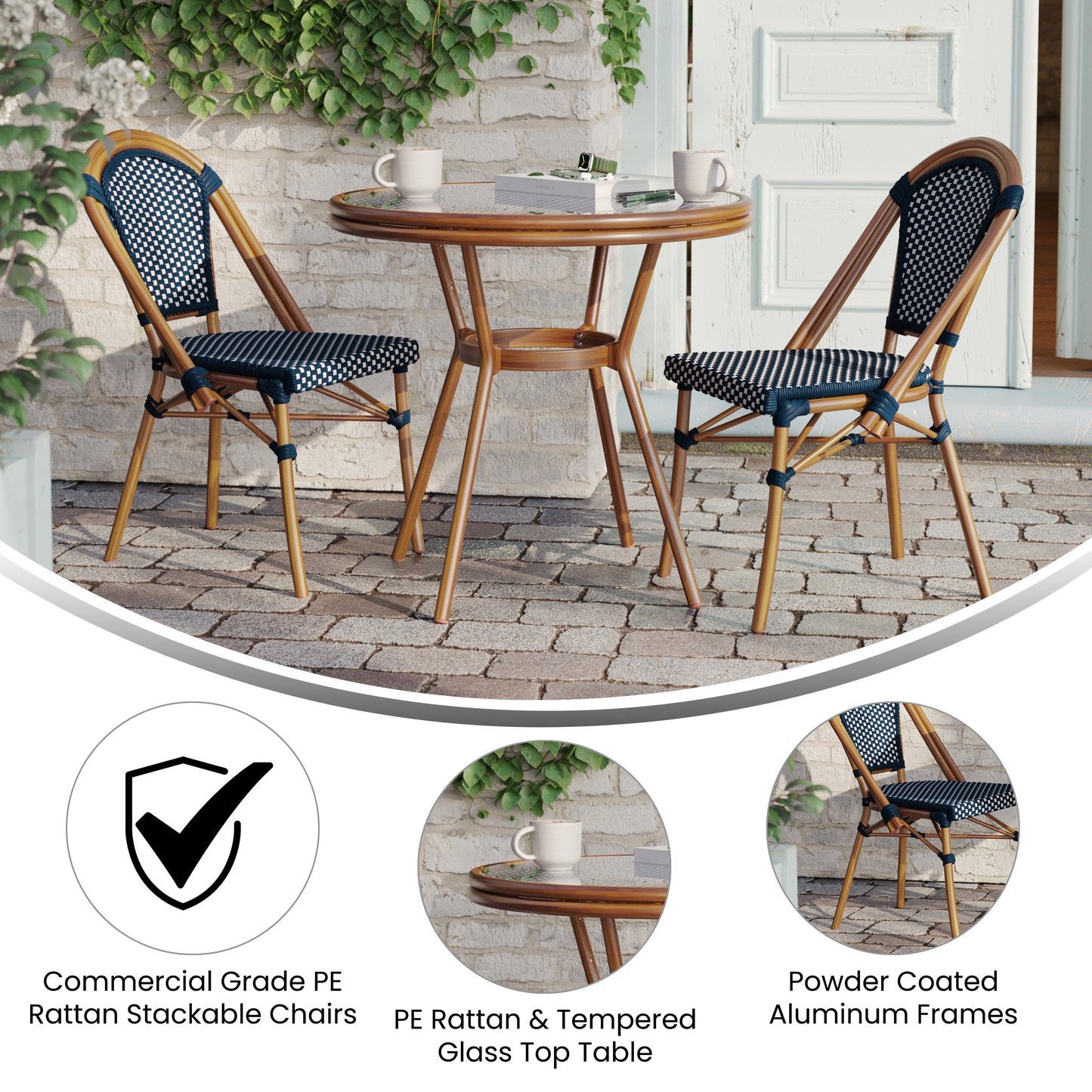 Bordeaux Indoor/Outdoor Commercial Bistro 31.5" Table, Navy and White PE Rattan, Glass Top with 2 Stack Chairs - Natural Frame Navy & White Rattan/Natural Frame
