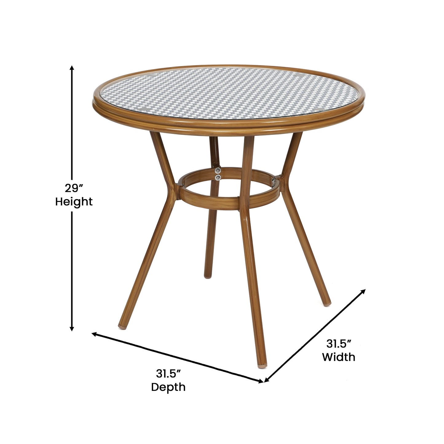 Bordeaux Indoor/Outdoor Commercial Bistro 31.5" Table, Navy and White PE Rattan, Glass Top with 2 Stack Chairs - Natural Frame Navy & White Rattan/Natural Frame