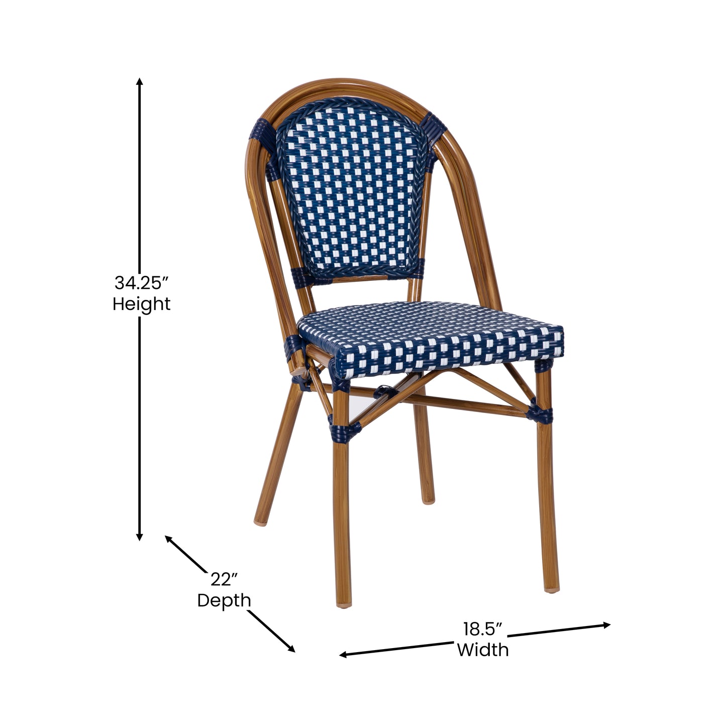 Bordeaux Indoor/Outdoor Commercial Bistro 31.5" Table, Navy and White PE Rattan, Glass Top with 2 Stack Chairs - Natural Frame Navy & White Rattan/Natural Frame