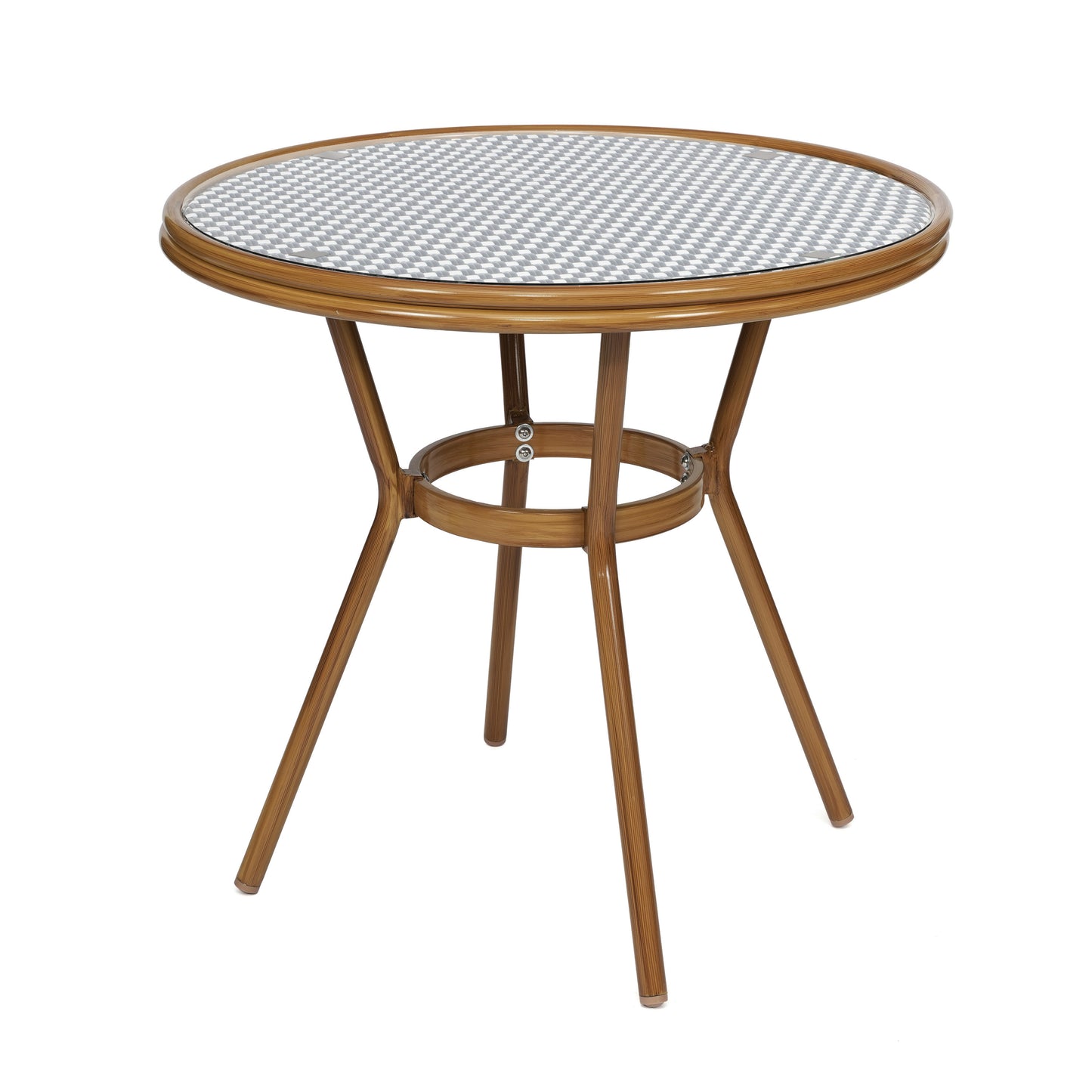Bordeaux Indoor/Outdoor Commercial Bistro 31.5" Table, Navy and White PE Rattan, Glass Top with 2 Stack Chairs - Natural Frame Navy & White Rattan/Natural Frame