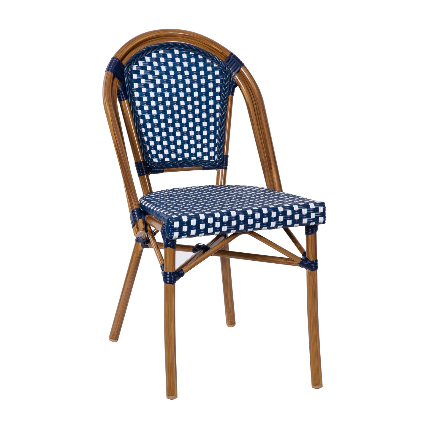 Bordeaux Indoor/Outdoor Commercial Bistro 31.5" Table, Navy and White PE Rattan, Glass Top with 2 Stack Chairs - Natural Frame Navy & White Rattan/Natural Frame