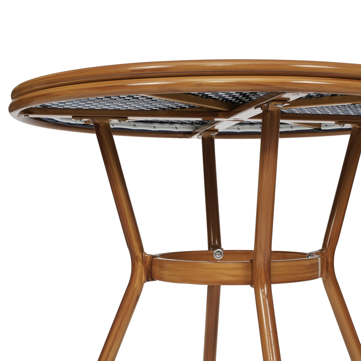 Bordeaux Indoor/Outdoor Commercial Bistro 31.5" Table, Navy and White PE Rattan, Glass Top with 2 Stack Chairs - Natural Frame Navy & White Rattan/Natural Frame