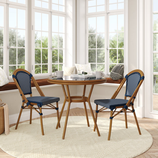 Bordeaux Indoor/Outdoor Commercial Bistro 31.5" Table, Navy and White PE Rattan, Glass Top with 2 Stack Chairs - Natural Frame Navy & White Rattan/Natural Frame