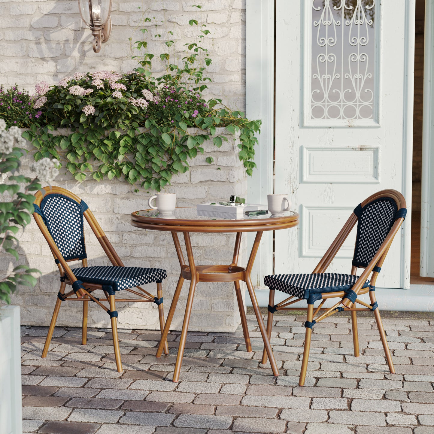 Bordeaux Indoor/Outdoor Commercial Bistro 31.5" Table, Navy and White PE Rattan, Glass Top with 2 Stack Chairs - Natural Frame Navy & White Rattan/Natural Frame