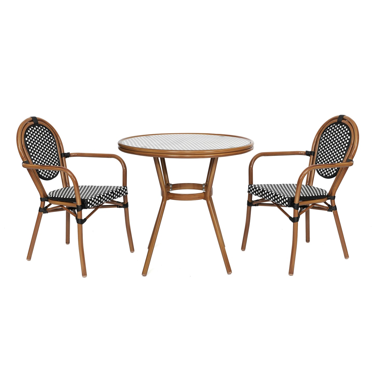 Lourdes Indoor/Outdoor Commercial Bistro 31.5" Table, Black and White PE Rattan, Glass Top with 2 Stack Chairs Black & White Rattan/Natural Frame SDA-AD641012-80-2002A-BKWH-NAT-GG