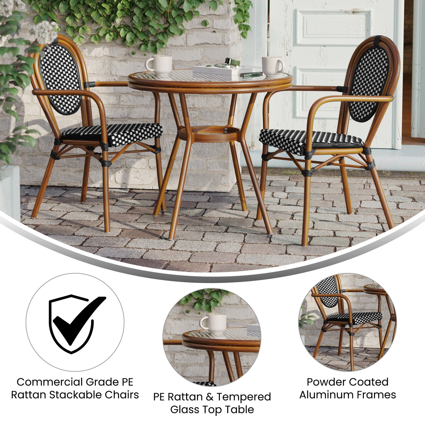 Lourdes Indoor/Outdoor Commercial Bistro 31.5" Table, Black and White PE Rattan, Glass Top with 2 Stack Chairs Black & White Rattan/Natural Frame SDA-AD641012-80-2002A-BKWH-NAT-GG