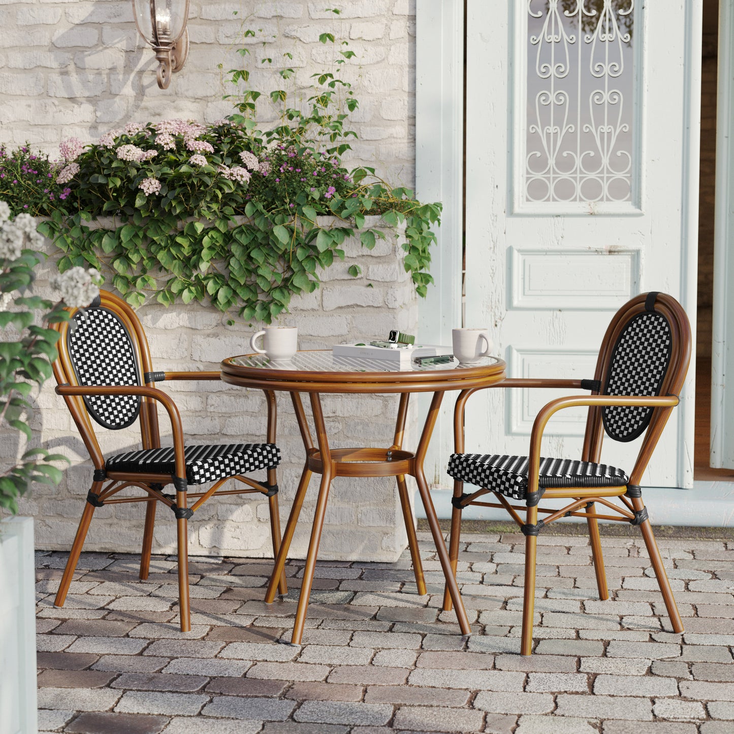Lourdes Indoor/Outdoor Commercial Bistro 31.5" Table, Black and White PE Rattan, Glass Top with 2 Stack Chairs Black & White Rattan/Natural Frame SDA-AD641012-80-2002A-BKWH-NAT-GG
