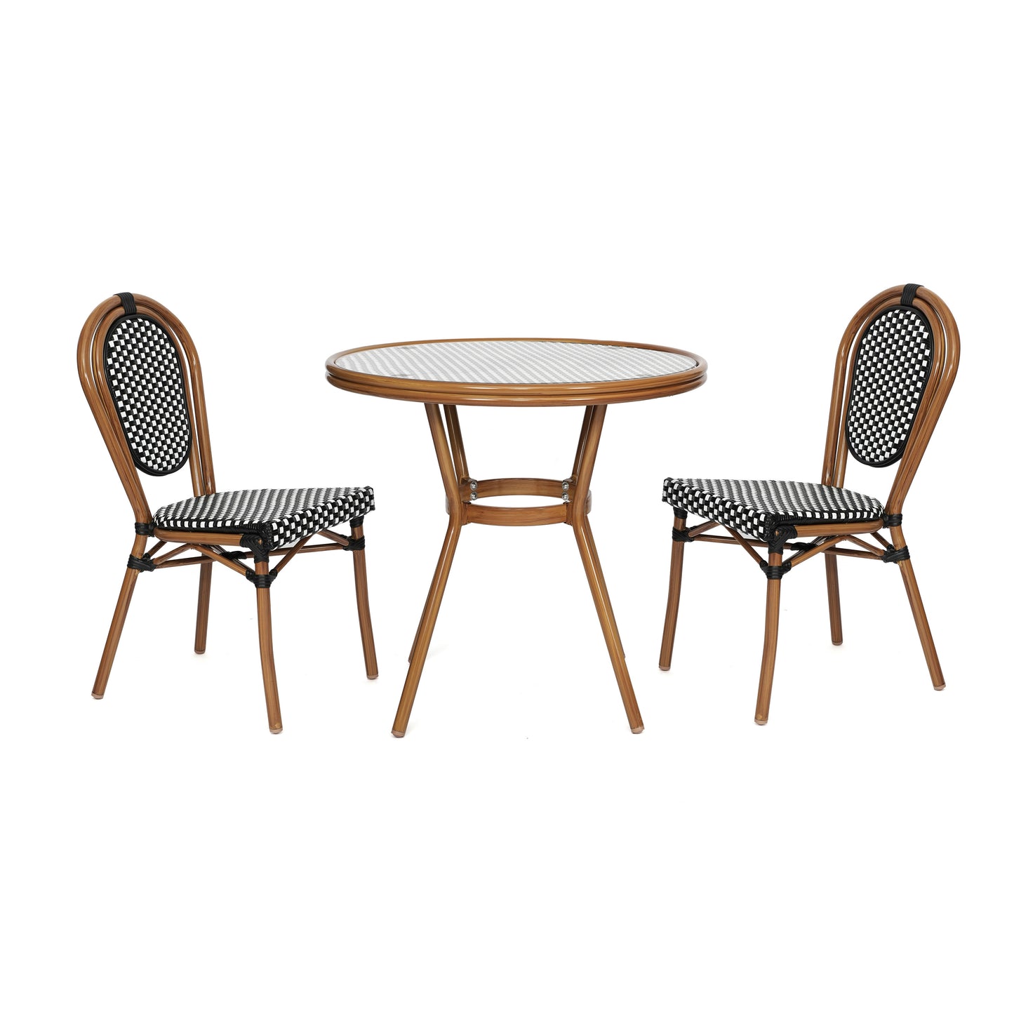 Lourdes Indoor/Outdoor Commercial Bistro 31.5" Table, Black and White PE Rattan, Glass Top with 2 Stack Chairs Black & White Rattan/Natural Frame SDA-AD641012-80-2002S-BKWH-NAT-GG