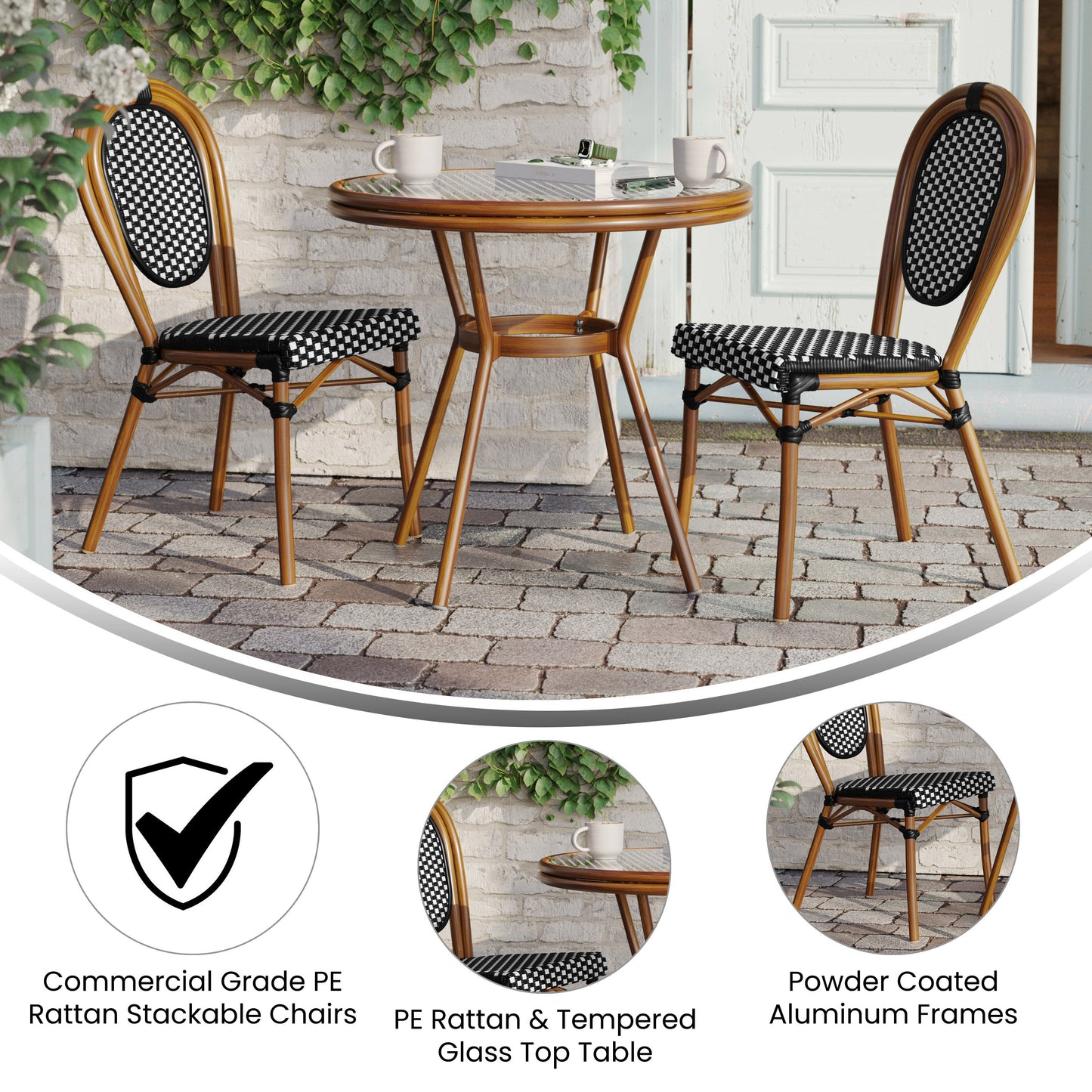 Lourdes Indoor/Outdoor Commercial Bistro 31.5" Table, Black and White PE Rattan, Glass Top with 2 Stack Chairs Black & White Rattan/Natural Frame SDA-AD641012-80-2002S-BKWH-NAT-GG