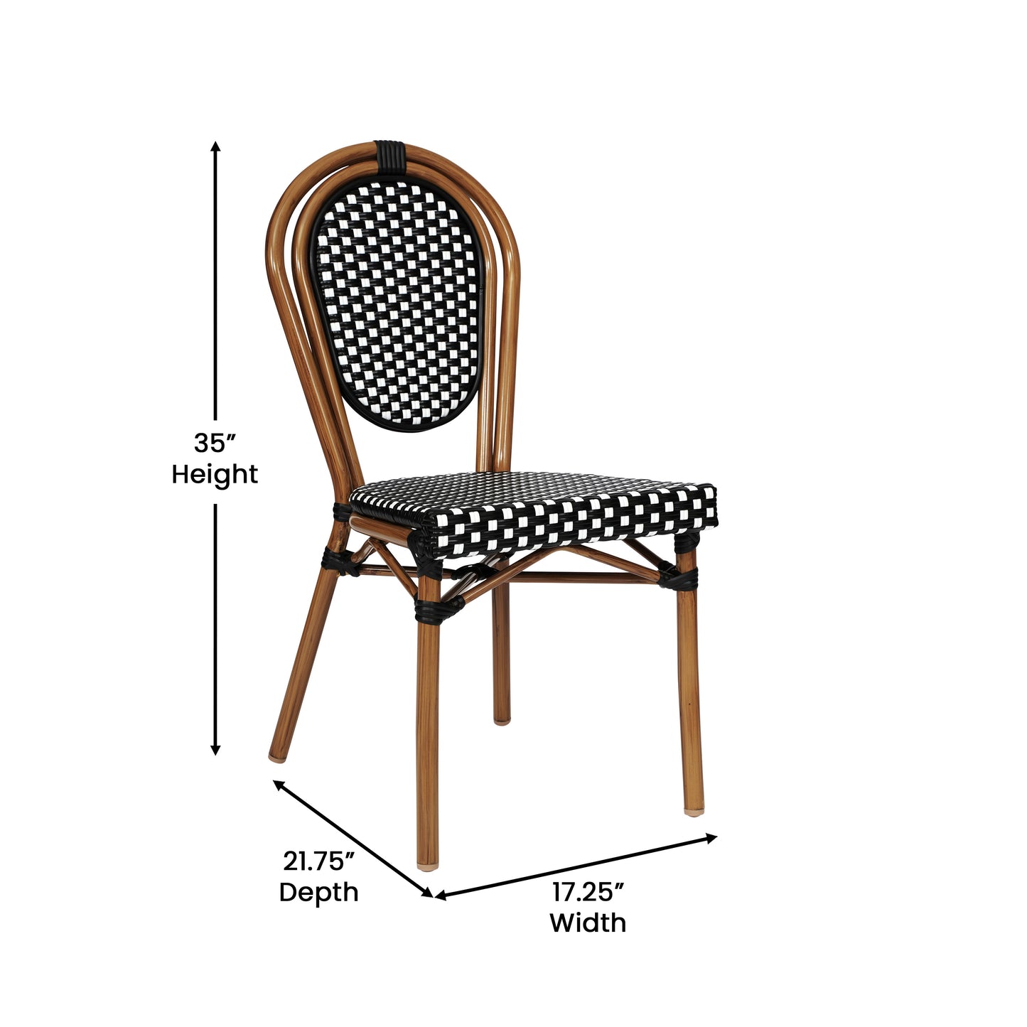 Lourdes Indoor/Outdoor Commercial Bistro 31.5" Table, Black and White PE Rattan, Glass Top with 2 Stack Chairs Black & White Rattan/Natural Frame SDA-AD641012-80-2002S-BKWH-NAT-GG