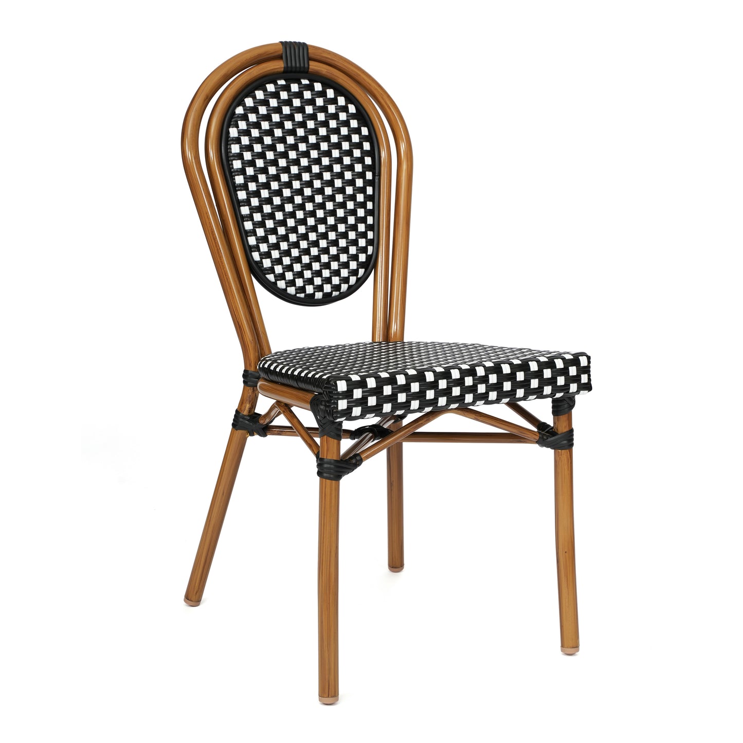 Lourdes Indoor/Outdoor Commercial Bistro 31.5" Table, Black and White PE Rattan, Glass Top with 2 Stack Chairs Black & White Rattan/Natural Frame SDA-AD641012-80-2002S-BKWH-NAT-GG