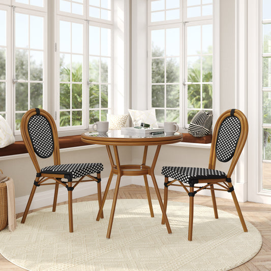 Lourdes Indoor/Outdoor Commercial Bistro 31.5" Table, Black and White PE Rattan, Glass Top with 2 Stack Chairs Black & White Rattan/Natural Frame