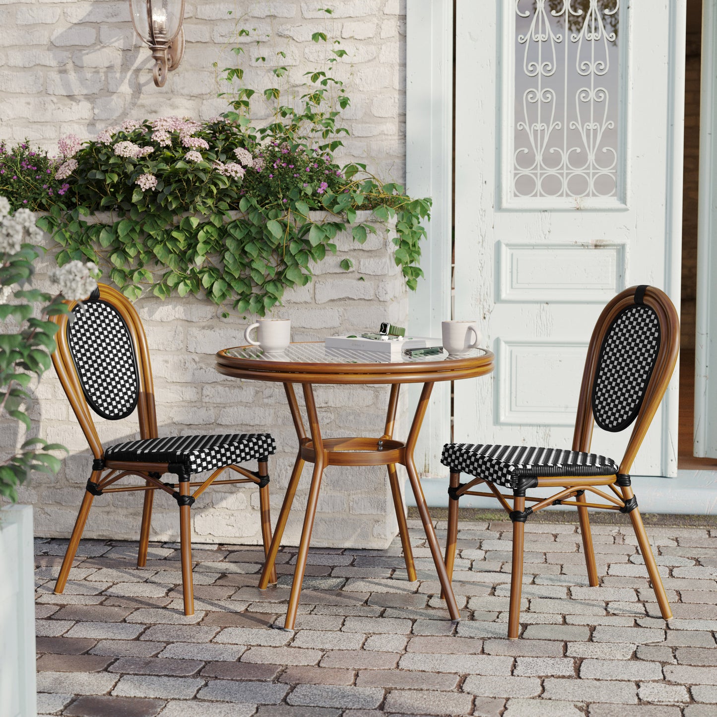 Lourdes Indoor/Outdoor Commercial Bistro 31.5" Table, Black and White PE Rattan, Glass Top with 2 Stack Chairs Black & White Rattan/Natural Frame SDA-AD641012-80-2002S-BKWH-NAT-GG