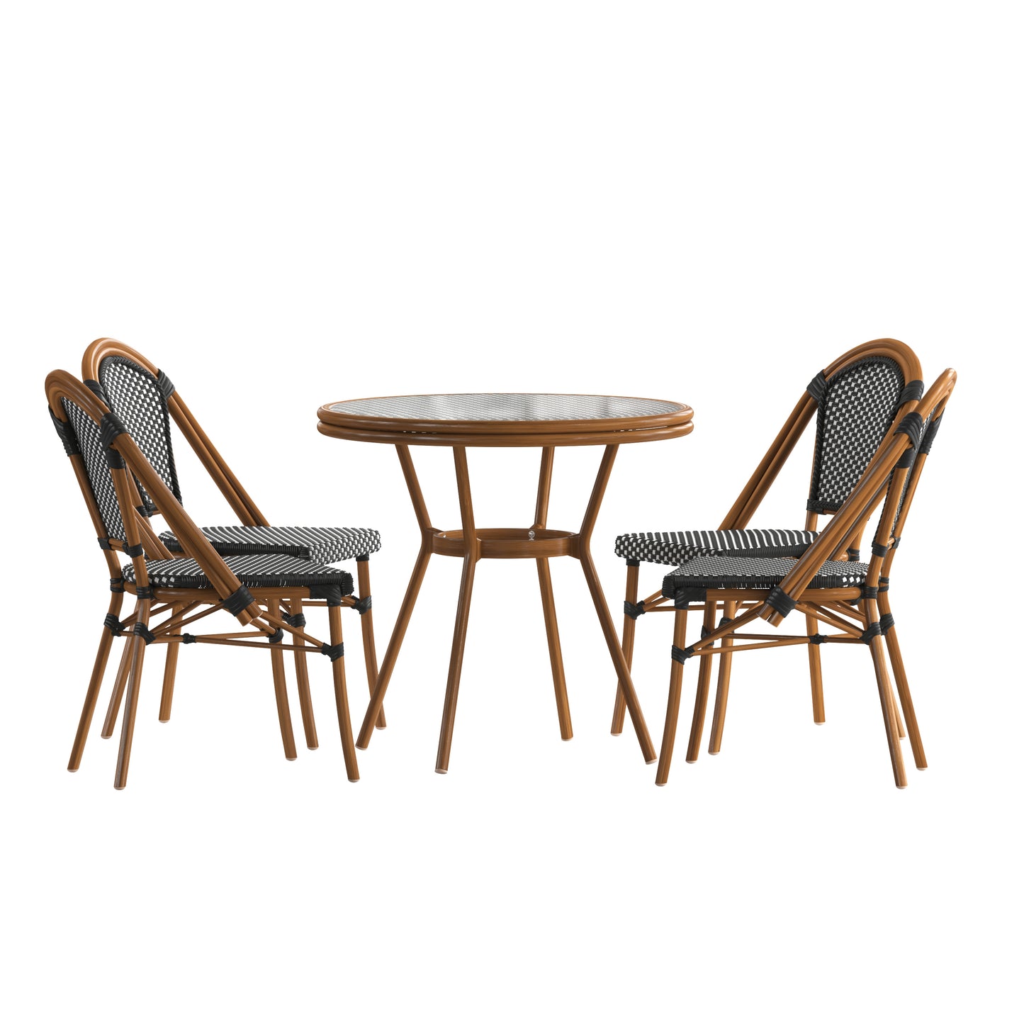 Bordeaux Indoor/Outdoor Commercial Bistro 31.5" Table, Black and White PE Rattan, Glass Top with 4 Stack Chairs Black & White Rattan/Natural Frame SDA-AD641012-80-4001-BKWH-NAT-GG