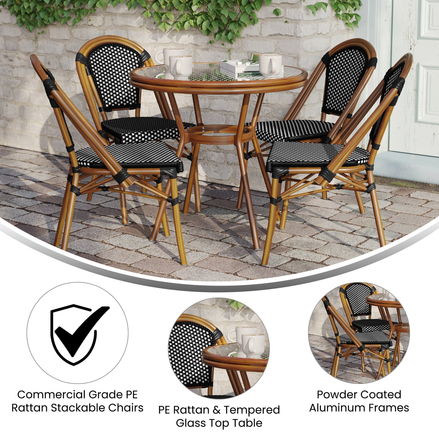 Bordeaux Indoor/Outdoor Commercial Bistro 31.5" Table, Black and White PE Rattan, Glass Top with 4 Stack Chairs Black & White Rattan/Natural Frame SDA-AD641012-80-4001-BKWH-NAT-GG