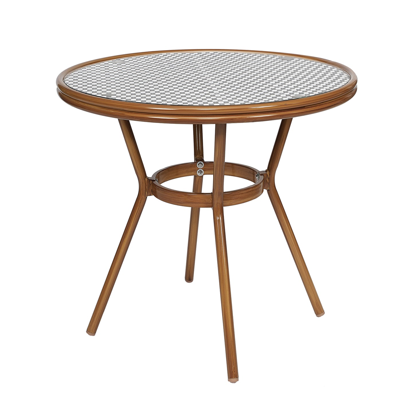 Bordeaux Indoor/Outdoor Commercial Bistro 31.5" Table, Black and White PE Rattan, Glass Top with 4 Stack Chairs Black & White Rattan/Natural Frame SDA-AD641012-80-4001-BKWH-NAT-GG