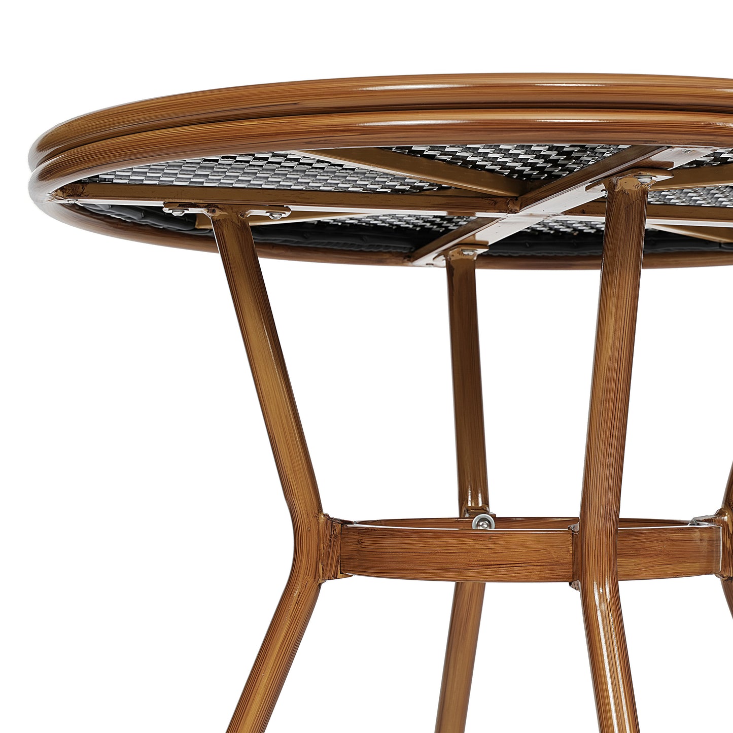 Bordeaux Indoor/Outdoor Commercial Bistro 31.5" Table, Black and White PE Rattan, Glass Top with 4 Stack Chairs Black & White Rattan/Natural Frame SDA-AD641012-80-4001-BKWH-NAT-GG