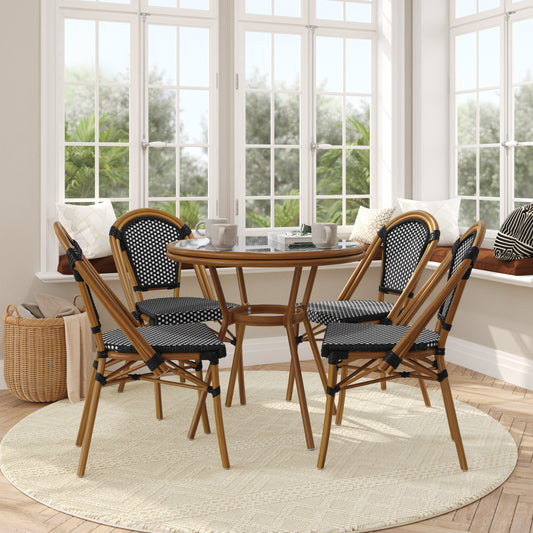 Bordeaux Indoor/Outdoor Commercial Bistro 31.5" Table, Black and White PE Rattan, Glass Top with 4 Stack Chairs Black & White Rattan/Natural Frame