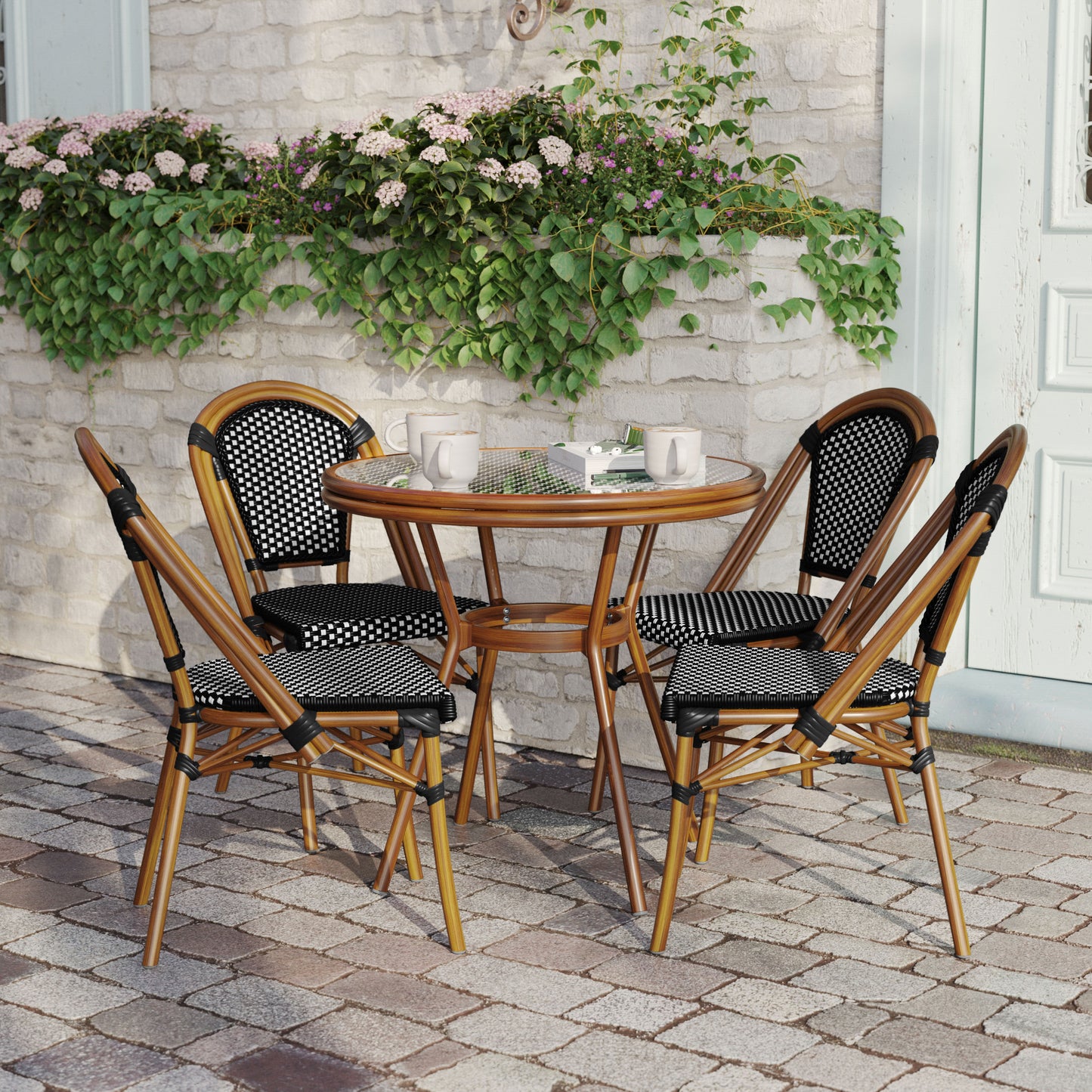 Bordeaux Indoor/Outdoor Commercial Bistro 31.5" Table, Black and White PE Rattan, Glass Top with 4 Stack Chairs Black & White Rattan/Natural Frame SDA-AD641012-80-4001-BKWH-NAT-GG