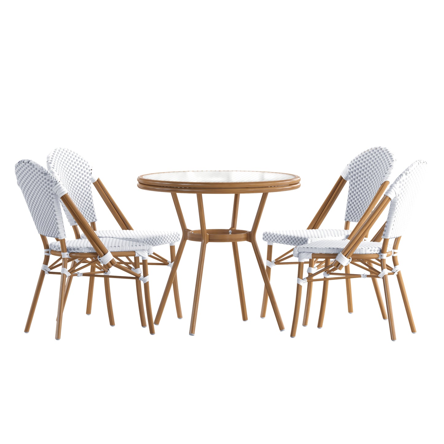 Lourdes Indoor/Outdoor Commercial Bistro 31.5" Table, White and Gray PE Rattan, Glass Top with 4 Stack Chairs - Natural Frame White & Gray Rattan/Natural Frame