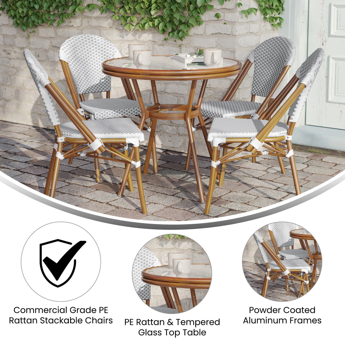 Lourdes Indoor/Outdoor Commercial Bistro 31.5" Table, White and Gray PE Rattan, Glass Top with 4 Stack Chairs - Natural Frame White & Gray Rattan/Natural Frame