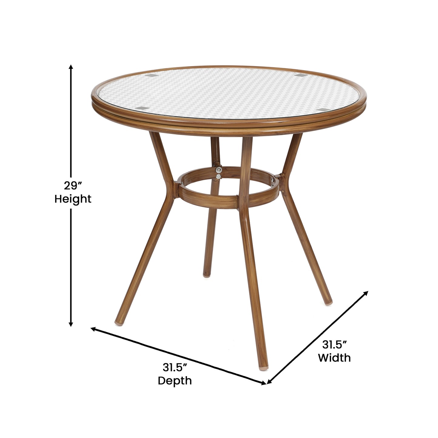 Lourdes Indoor/Outdoor Commercial Bistro 31.5" Table, White and Gray PE Rattan, Glass Top with 4 Stack Chairs - Natural Frame White & Gray Rattan/Natural Frame