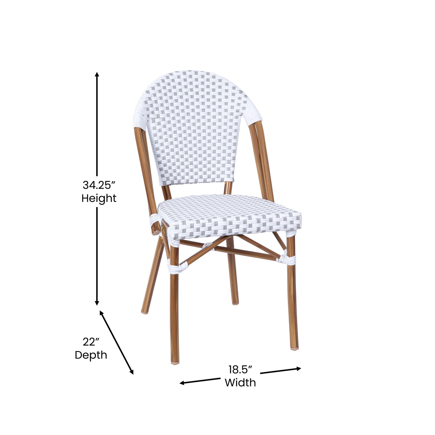 Lourdes Indoor/Outdoor Commercial Bistro 31.5" Table, White and Gray PE Rattan, Glass Top with 4 Stack Chairs - Natural Frame White & Gray Rattan/Natural Frame