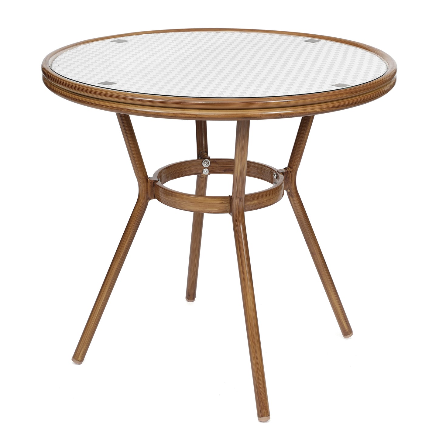 Lourdes Indoor/Outdoor Commercial Bistro 31.5" Table, White and Gray PE Rattan, Glass Top with 4 Stack Chairs - Natural Frame White & Gray Rattan/Natural Frame