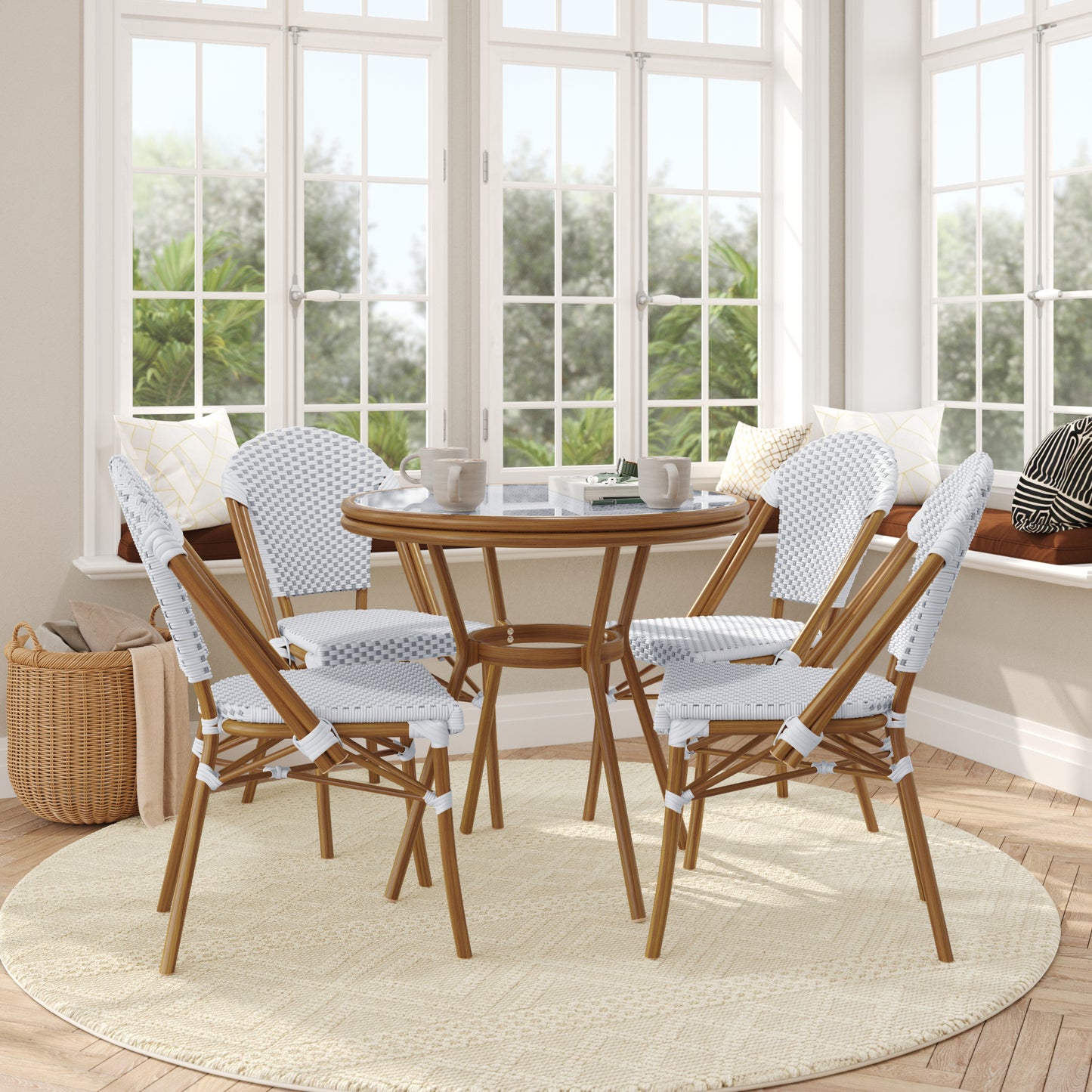 Lourdes Indoor/Outdoor Commercial Bistro 31.5" Table, White and Gray PE Rattan, Glass Top with 4 Stack Chairs - Natural Frame White & Gray Rattan/Natural Frame