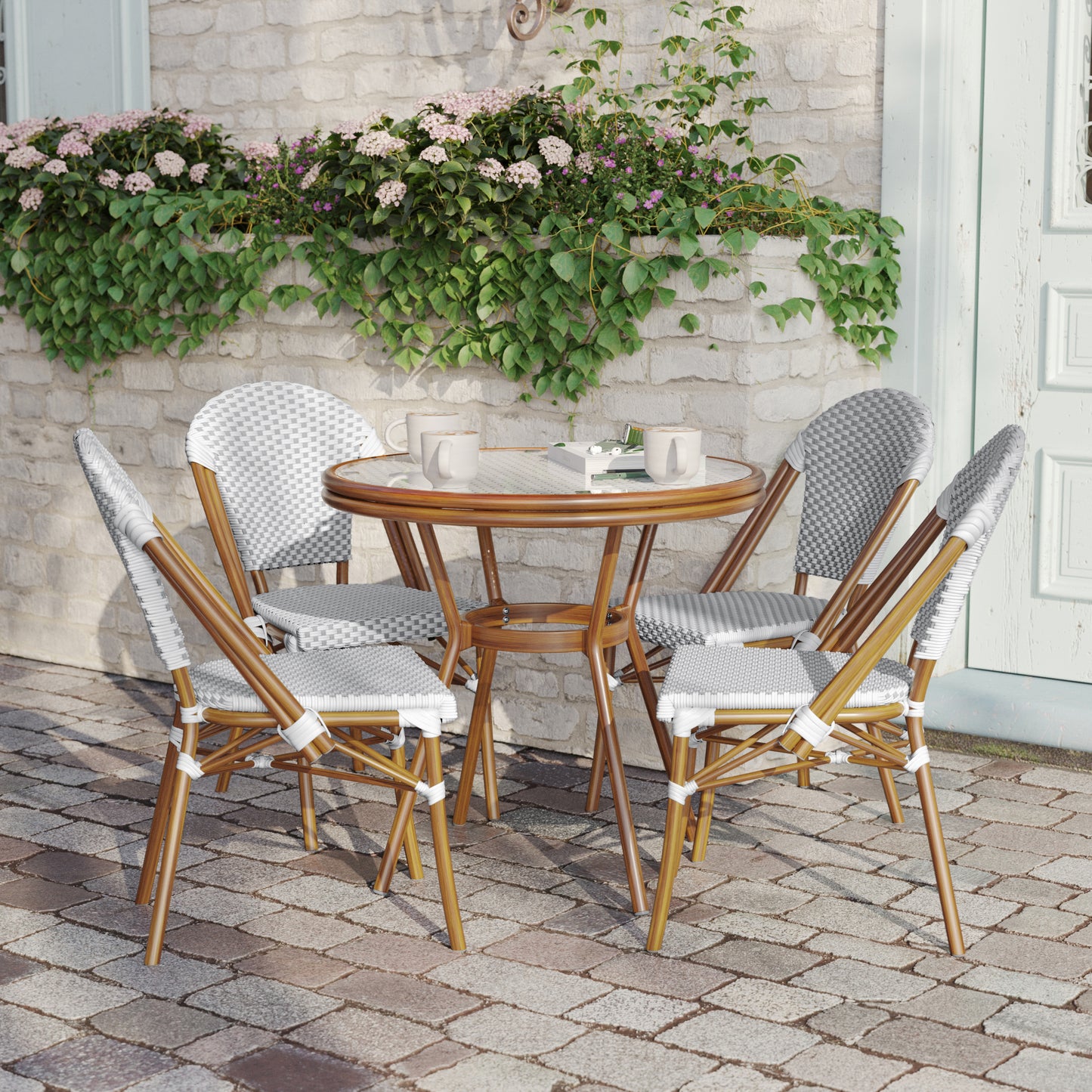 Lourdes Indoor/Outdoor Commercial Bistro 31.5" Table, White and Gray PE Rattan, Glass Top with 4 Stack Chairs - Natural Frame White & Gray Rattan/Natural Frame