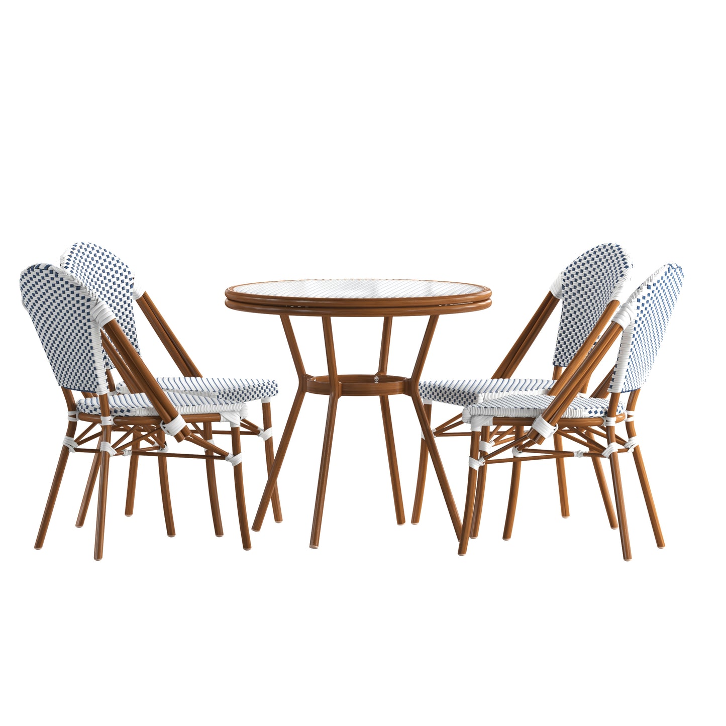 Lourdes Indoor/Outdoor Commercial Bistro 31.5" Table, White and Navy PE Rattan, Glass Top with 4 Stack Chairs - Natural Frame White & Navy Rattan/Natural Frame