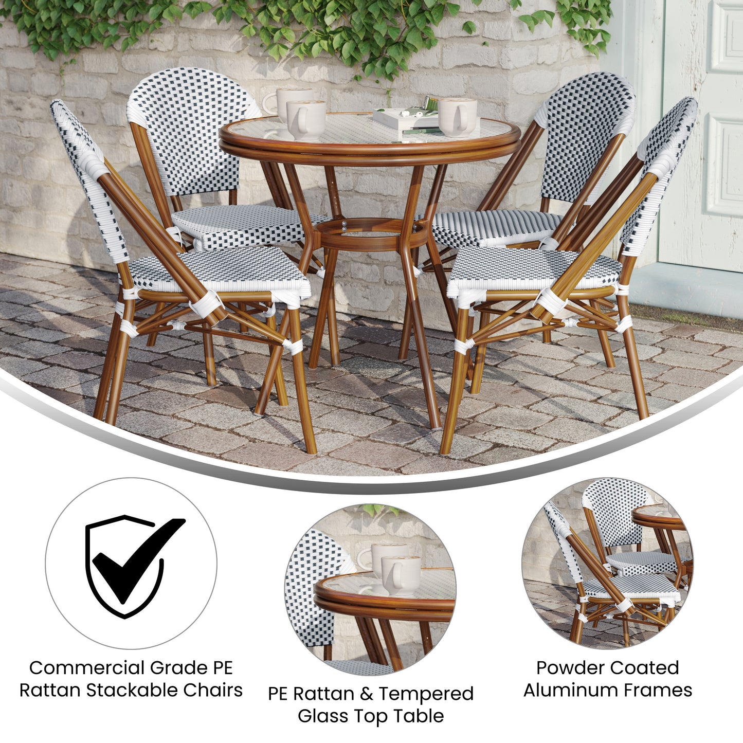 Lourdes Indoor/Outdoor Commercial Bistro 31.5" Table, White and Navy PE Rattan, Glass Top with 4 Stack Chairs - Natural Frame White & Navy Rattan/Natural Frame