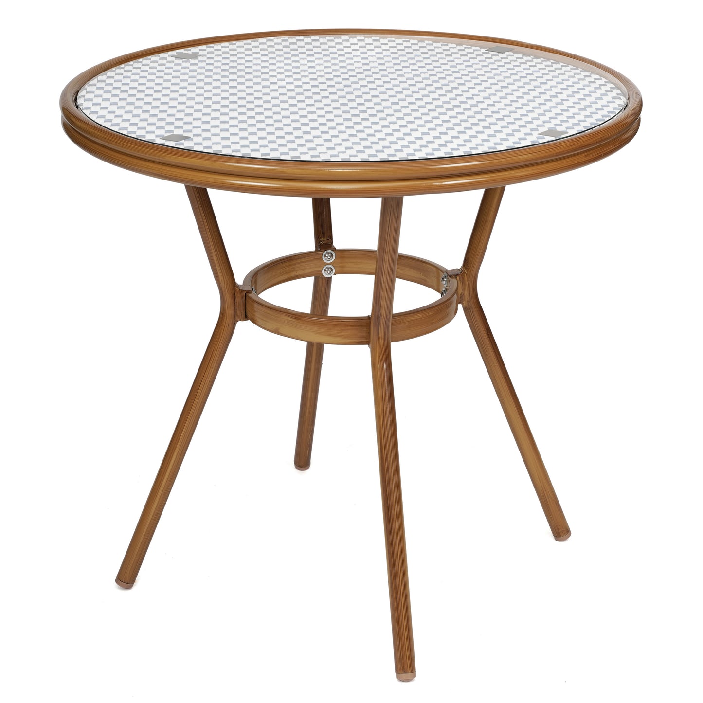 Lourdes Indoor/Outdoor Commercial Bistro 31.5" Table, White and Navy PE Rattan, Glass Top with 4 Stack Chairs - Natural Frame White & Navy Rattan/Natural Frame
