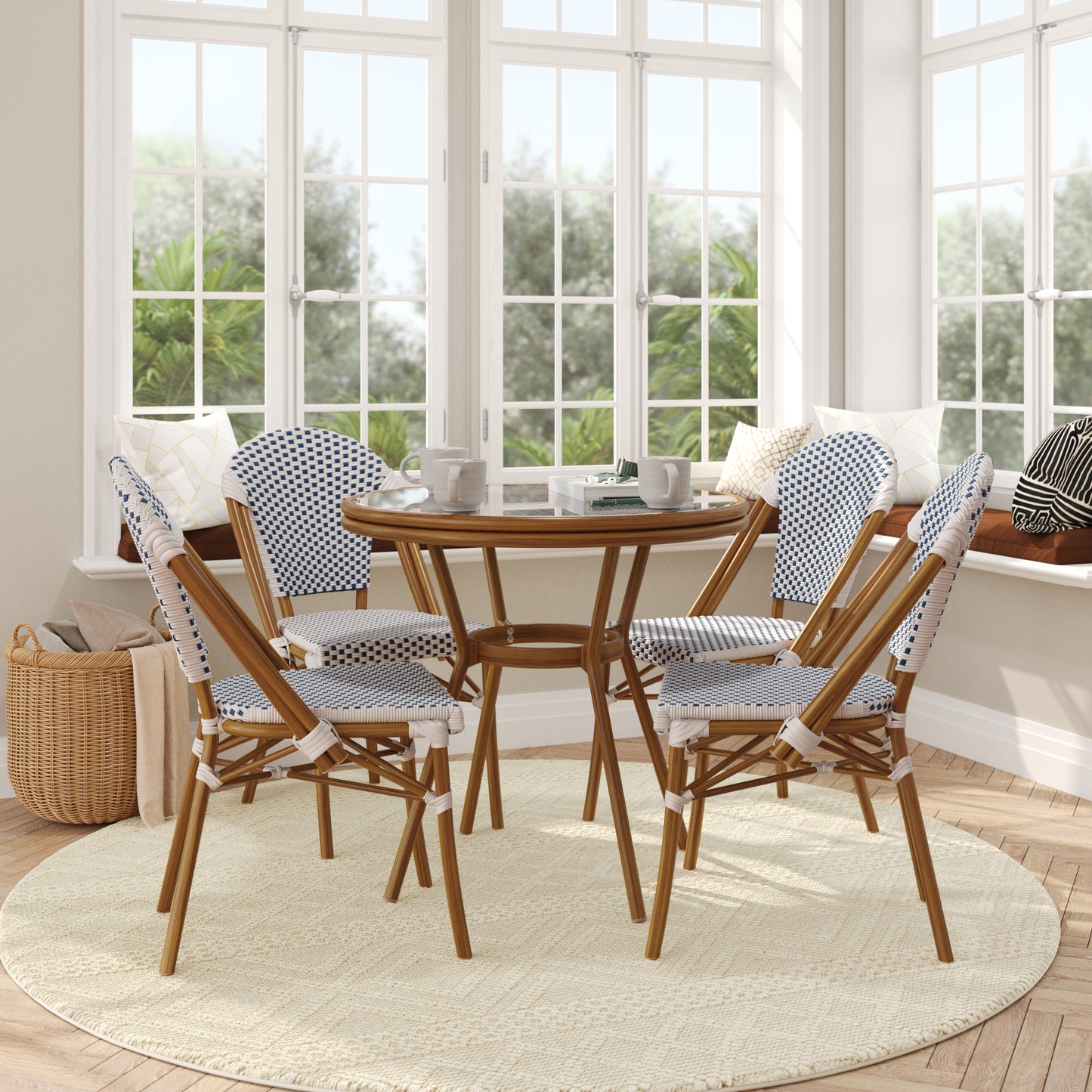 Lourdes Indoor/Outdoor Commercial Bistro 31.5" Table, White and Navy PE Rattan, Glass Top with 4 Stack Chairs - Natural Frame White & Navy Rattan/Natural Frame