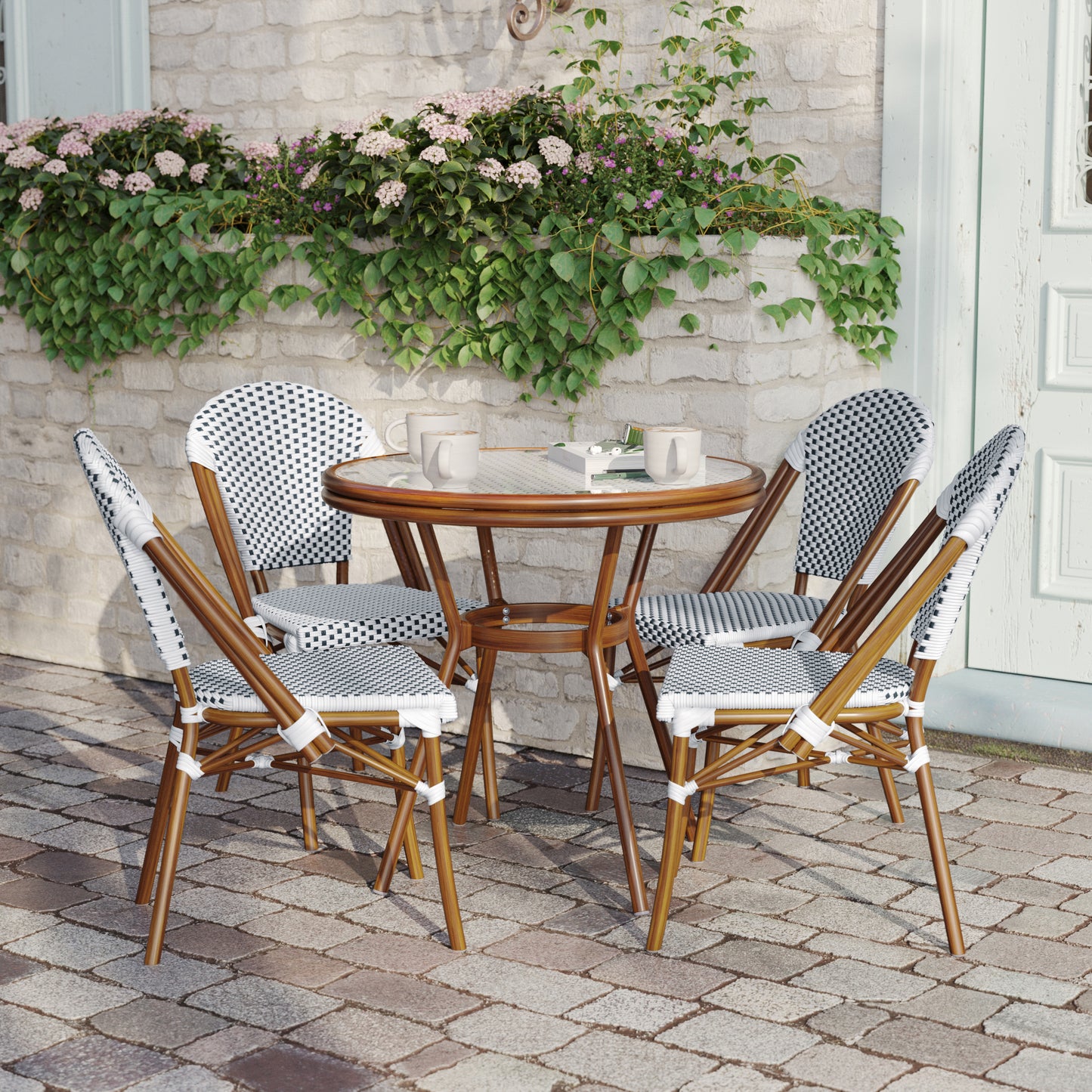 Lourdes Indoor/Outdoor Commercial Bistro 31.5" Table, White and Navy PE Rattan, Glass Top with 4 Stack Chairs - Natural Frame White & Navy Rattan/Natural Frame