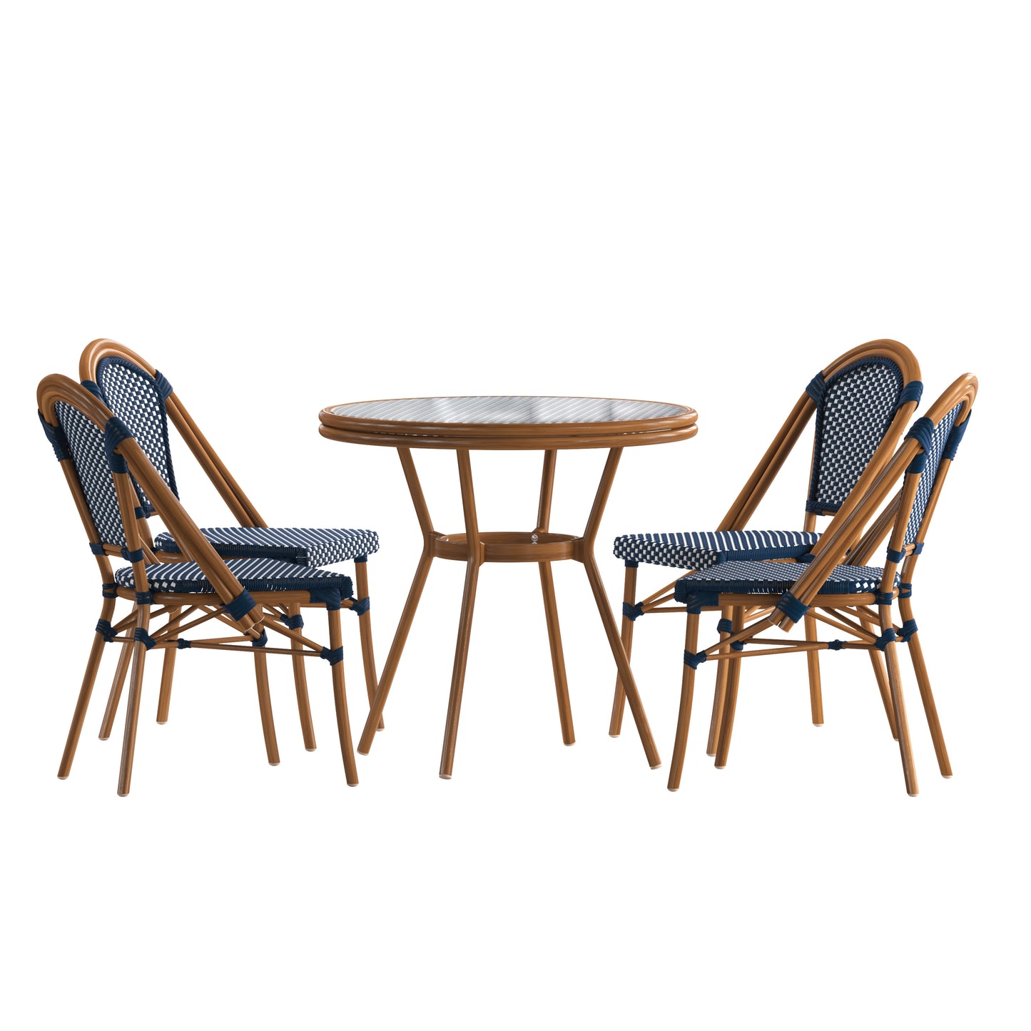Bordeaux Indoor/Outdoor Commercial Bistro 31.5" Table, Navy and White PE Rattan, Glass Top with 4 Stack Chairs - Natural Frame Navy & White Rattan/Natural Frame