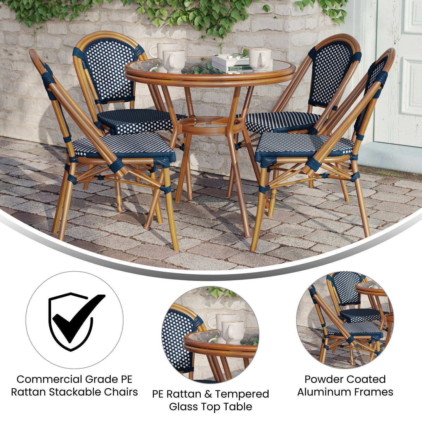 Bordeaux Indoor/Outdoor Commercial Bistro 31.5" Table, Navy and White PE Rattan, Glass Top with 4 Stack Chairs - Natural Frame Navy & White Rattan/Natural Frame