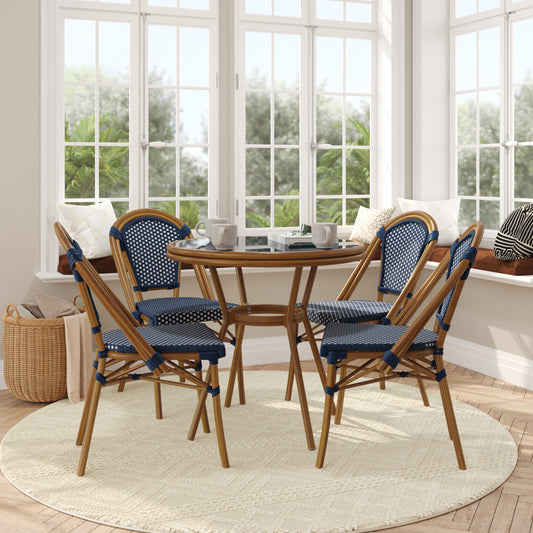 Bordeaux Indoor/Outdoor Commercial Bistro 31.5" Table, Navy and White PE Rattan, Glass Top with 4 Stack Chairs - Natural Frame Navy & White Rattan/Natural Frame