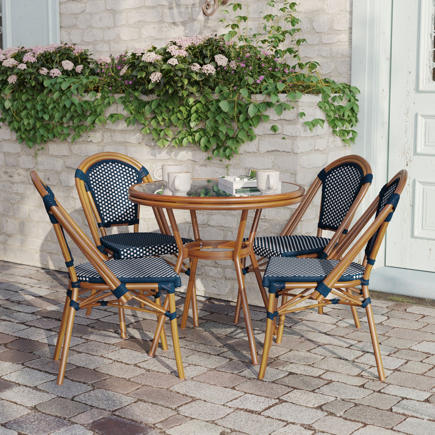 Bordeaux Indoor/Outdoor Commercial Bistro 31.5" Table, Navy and White PE Rattan, Glass Top with 4 Stack Chairs - Natural Frame Navy & White Rattan/Natural Frame