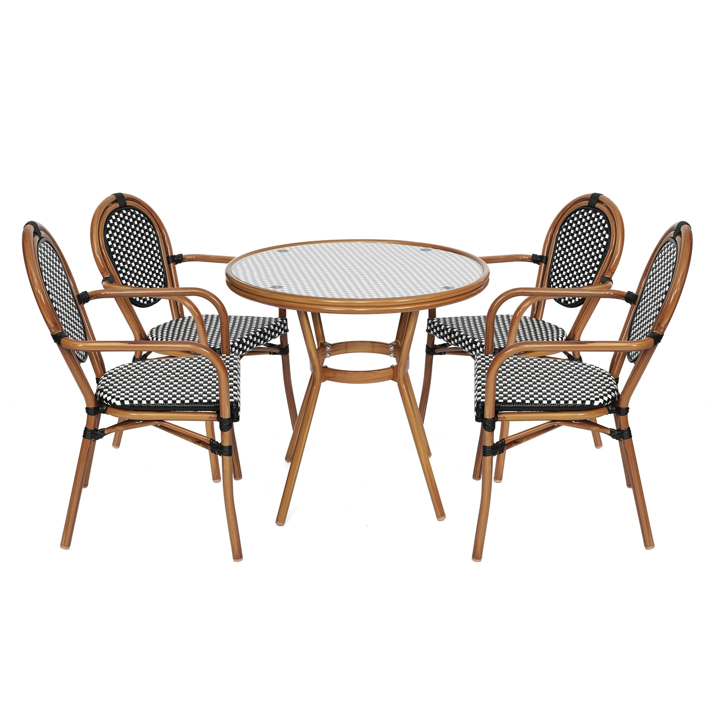 Lourdes Indoor/Outdoor Commercial Bistro 31.5" Table, Black and White PE Rattan, Glass Top with 4 Stack Chairs Black & White Rattan/Natural Frame SDA-AD641012-80-4002A-BKWH-NAT-GG